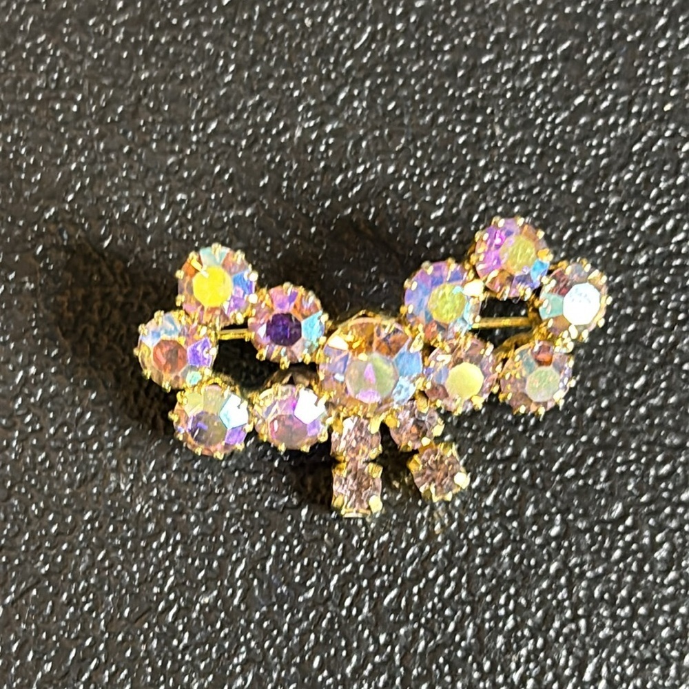 Vintage Aurora Borealis Bow Colorful Brooch Pin Gold Tone